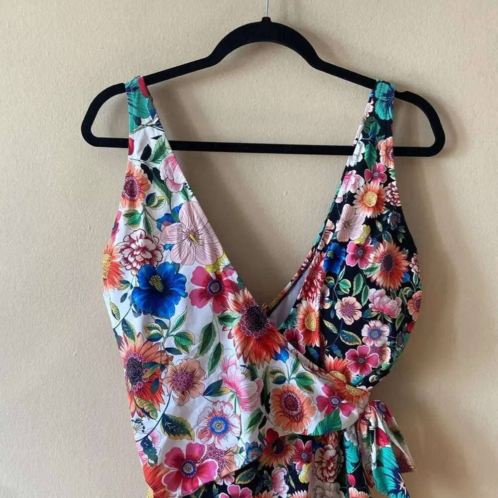 New Johnny Was Mirror Evening Palace Floral Wrap One Piece Swimsuit XL Swim